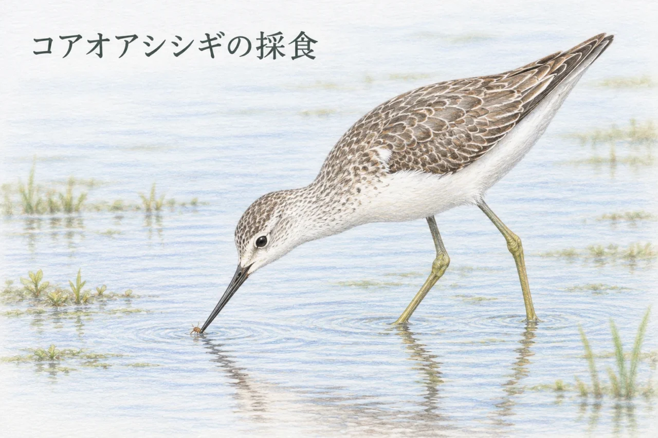 浅い水面に細いくちばしを伸ばして小さな獲物を採るコアオアシシギの色鉛筆画