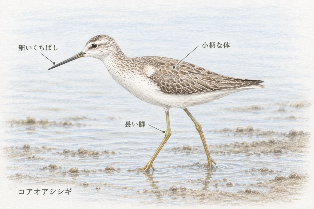 コアオアシシギの細いくちばし、長い脚、小柄な体を示す色鉛筆画