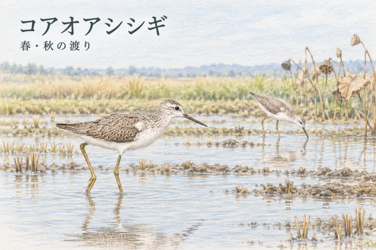 秋の水田とハス田の浅い水辺で過ごすコアオアシシギ2羽の色鉛筆画