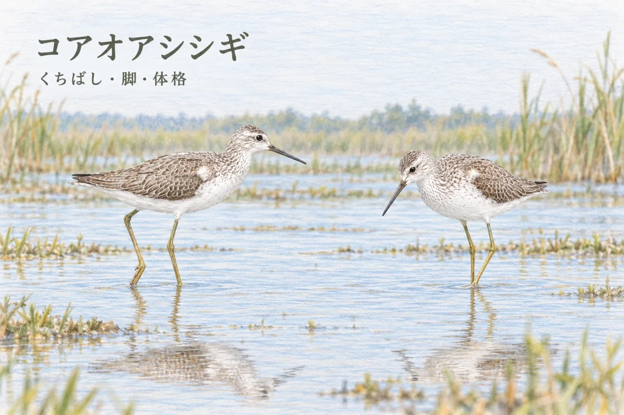 横向きと斜め向きのコアオアシシギ2羽を湿地で見比べる色鉛筆画