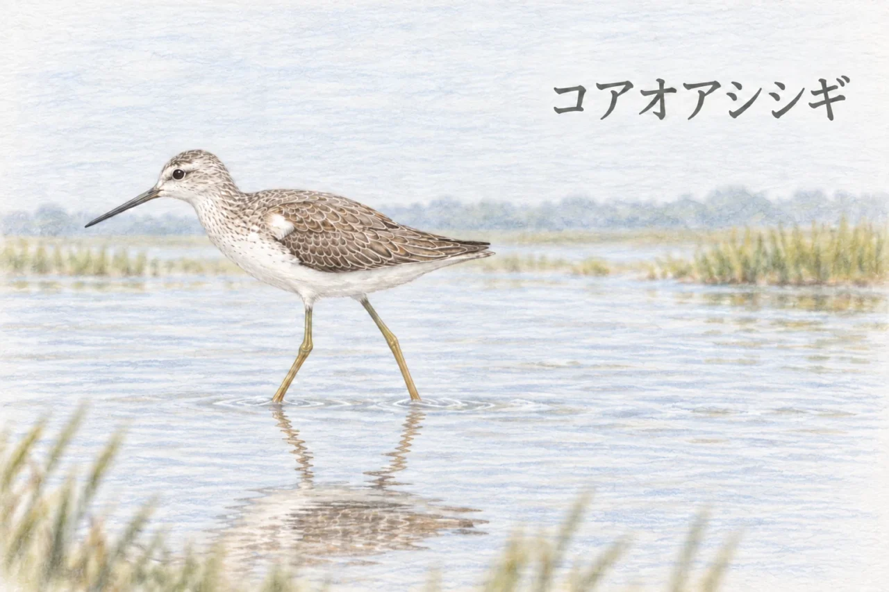 浅瀬を左へ歩くコアオアシシギを描いた淡い色鉛筆画