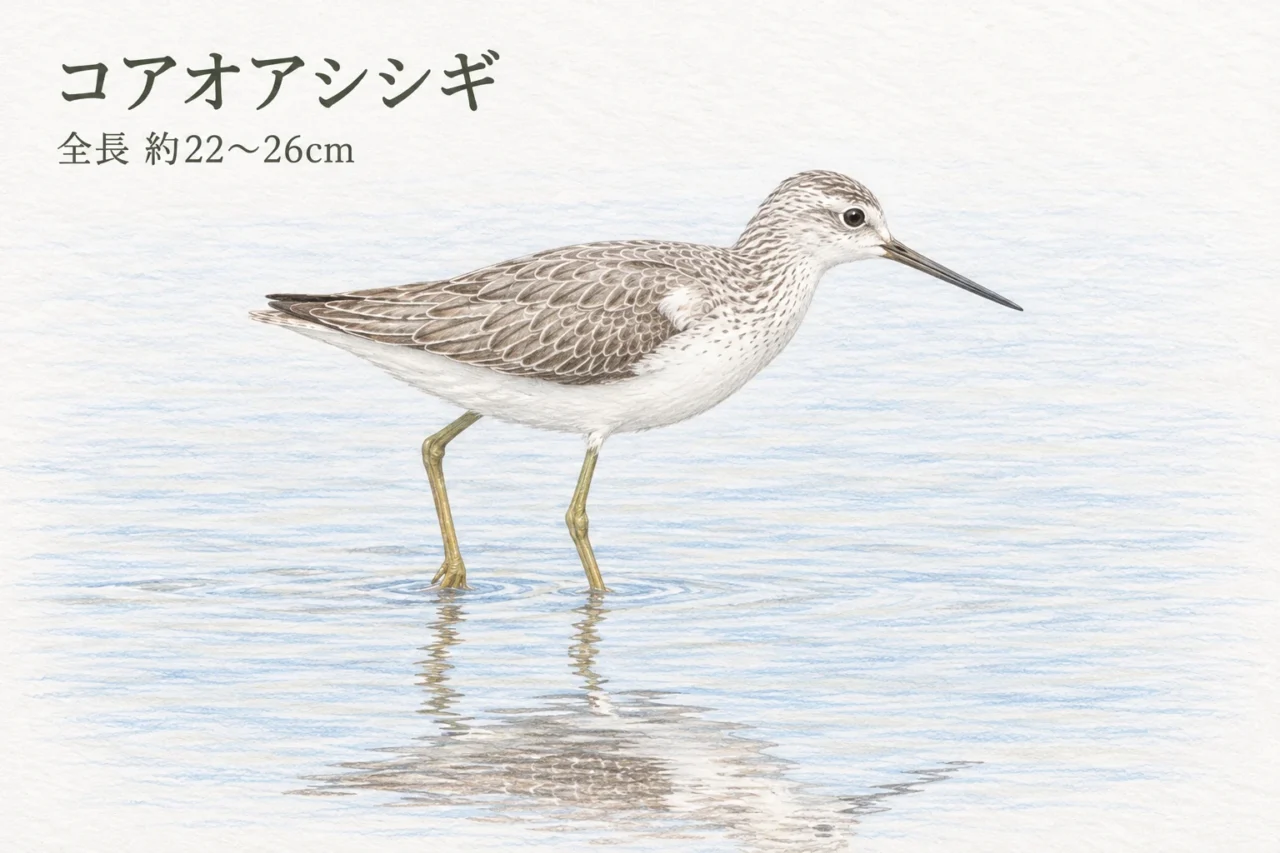 コアオアシシギの横向きの全身と全長約22〜26cmを示す色鉛筆画