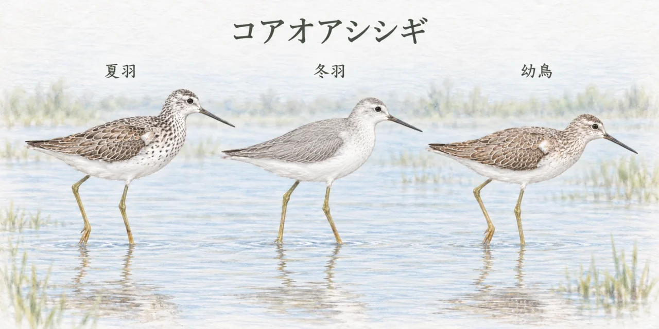 コアオアシシギの夏羽、淡い灰色の冬羽、褐色味のある幼鳥を並べた比較イラスト