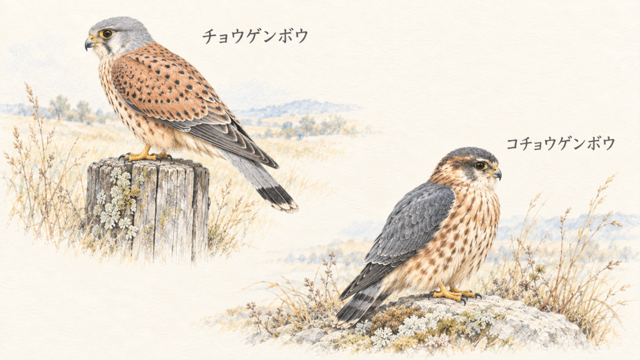 左上の杭に止まるチョウゲンボウと右下の石に立つコチョウゲンボウを斜めに配置したオス成鳥の比較イラスト