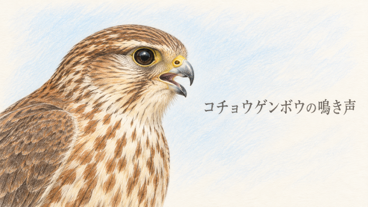 くちばしを開いて鳴くコチョウゲンボウのメスの顔を描いた色鉛筆画