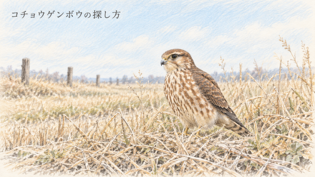 冬のあぜの枯れ草に紛れて地面に立つコチョウゲンボウのメス