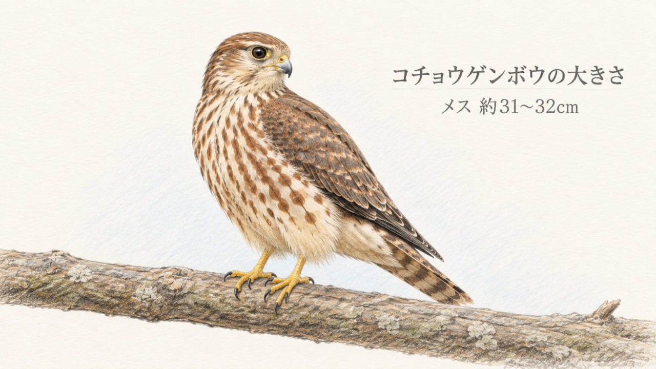 枝に止まるコチョウゲンボウのメスの全身と全長約31〜32cmの目安
