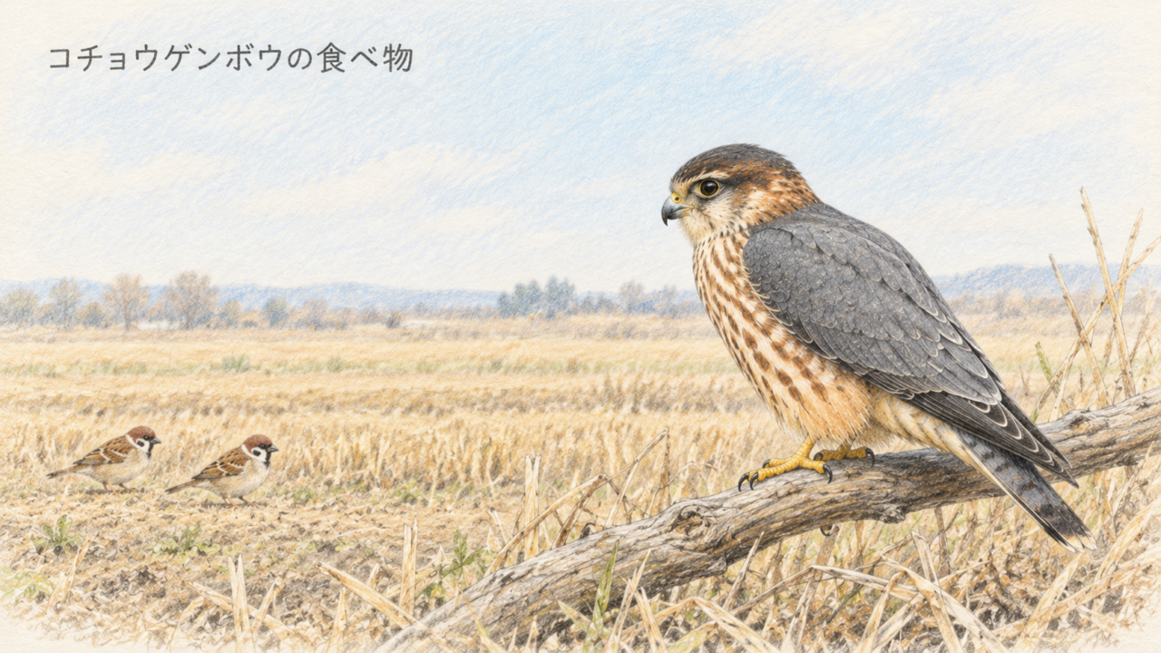 低い枝に止まったコチョウゲンボウのオスが、地面のスズメを見ている場面