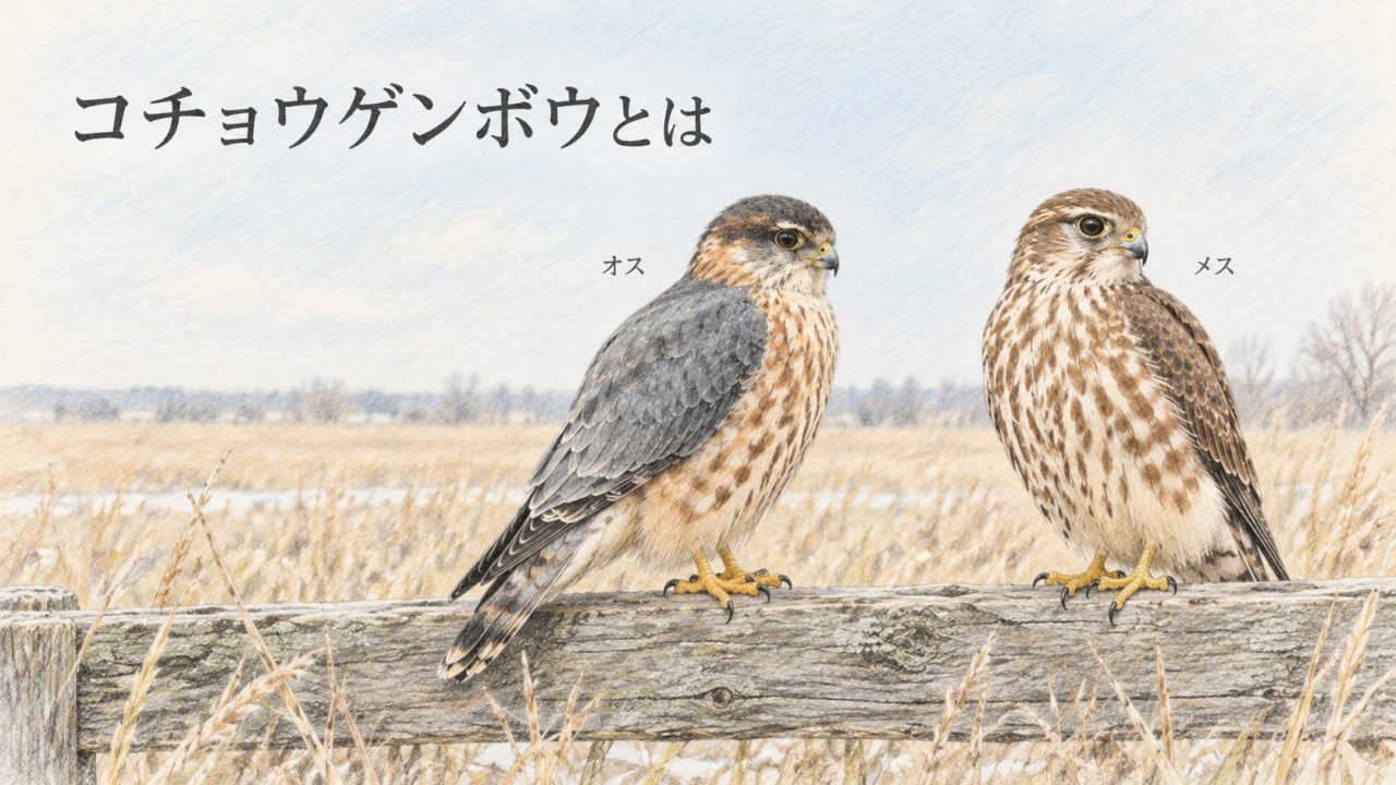 横木に止まるコチョウゲンボウのオスとメスを描いた淡い色鉛筆画