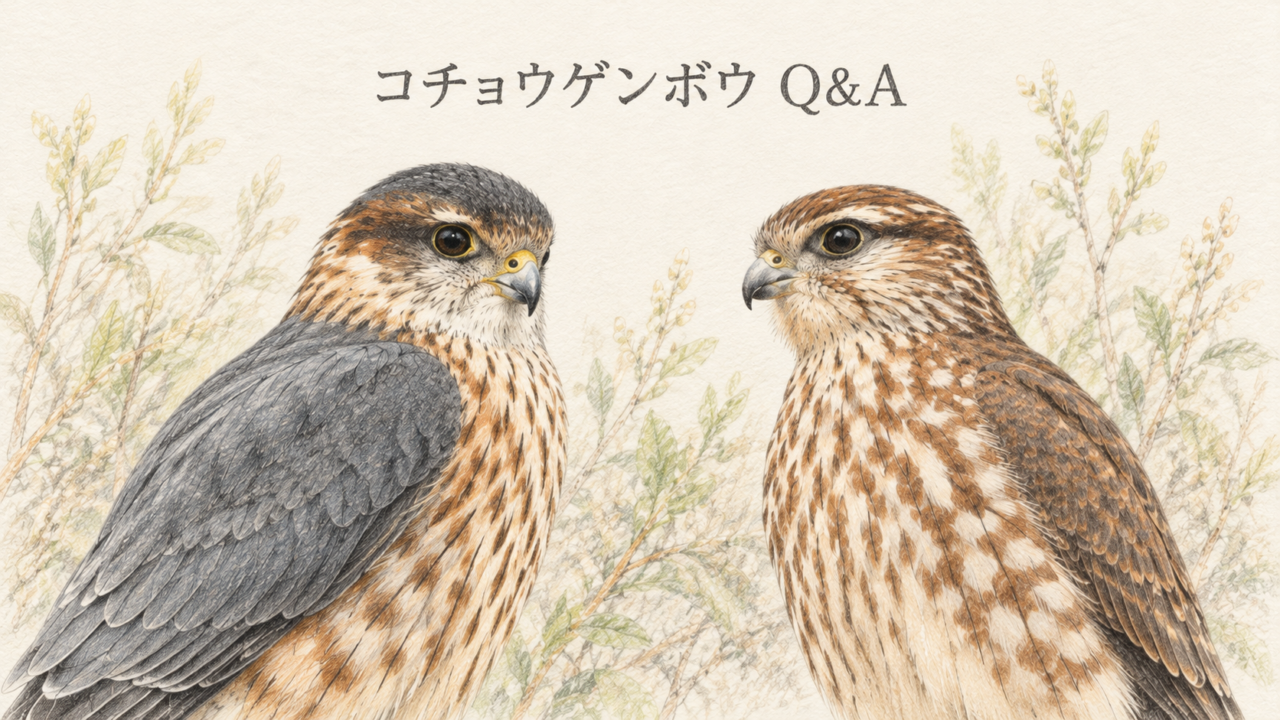 コチョウゲンボウのオスとメスの顔と胸を並べた淡い色鉛筆画