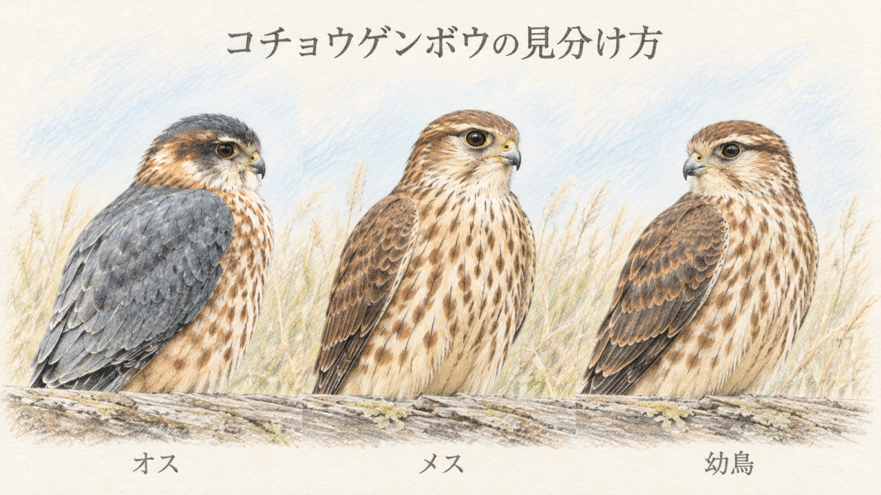 コチョウゲンボウのオス、メス、幼鳥の羽色を比較した色鉛筆画