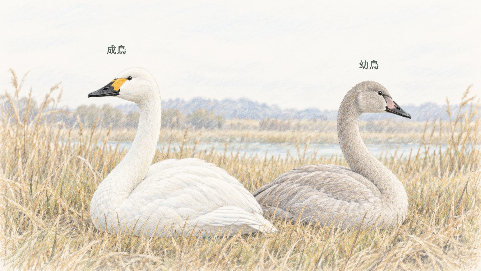 草地で休む白いコハクチョウの成鳥と、灰褐色の羽が残る幼鳥の比較