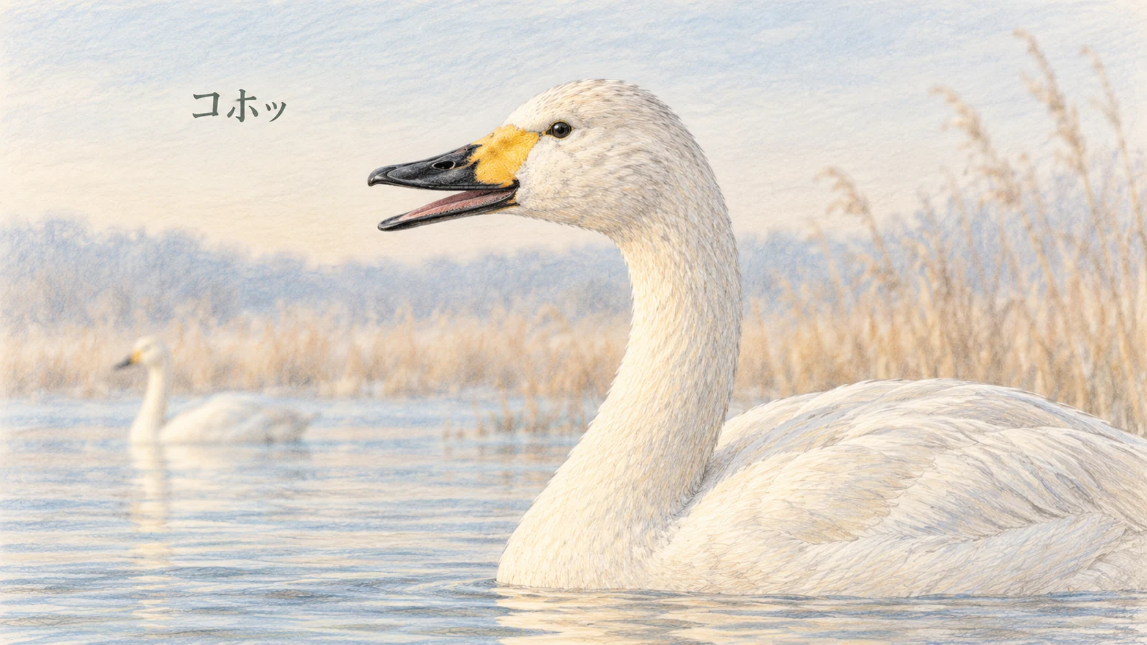 くちばしを開けてコホッと鳴くコハクチョウを描いた色鉛筆画