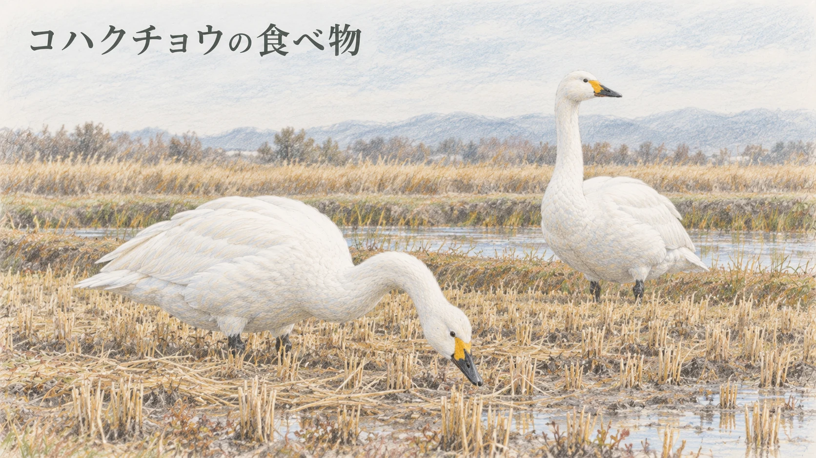 収穫後の田んぼで首を下げて落ち穂をついばむコハクチョウ