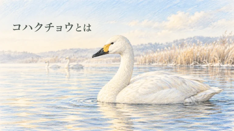 冬の湖を泳ぐコハクチョウの成鳥を描いた色鉛筆画