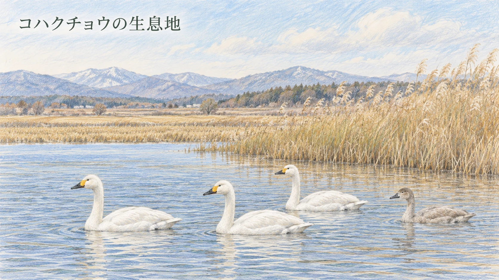 葦原と田んぼに囲まれた穏やかな湖を泳ぐコハクチョウの群れ