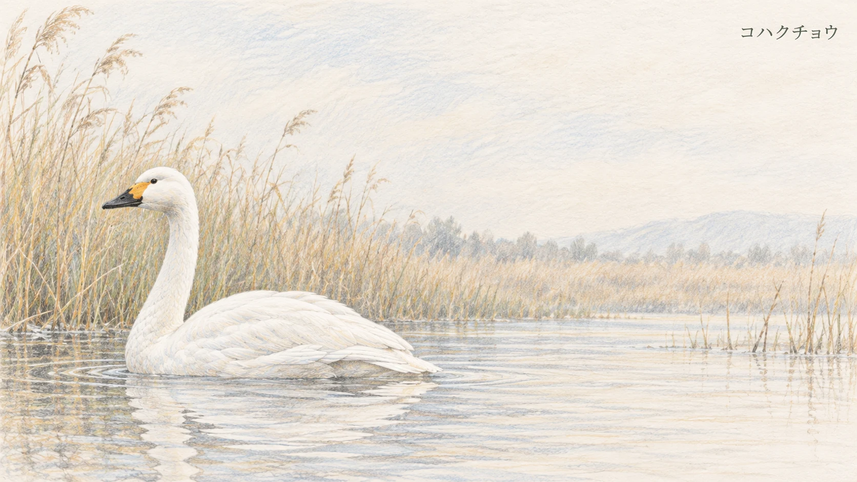 静かな水辺で休むコハクチョウの成鳥を描いた淡い色鉛筆画