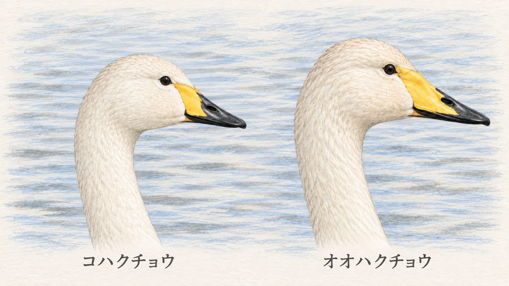 コハクチョウの丸く小さい黄色いくちばし斑と、オオハクチョウの先へとがる黄色い斑の比較イラスト