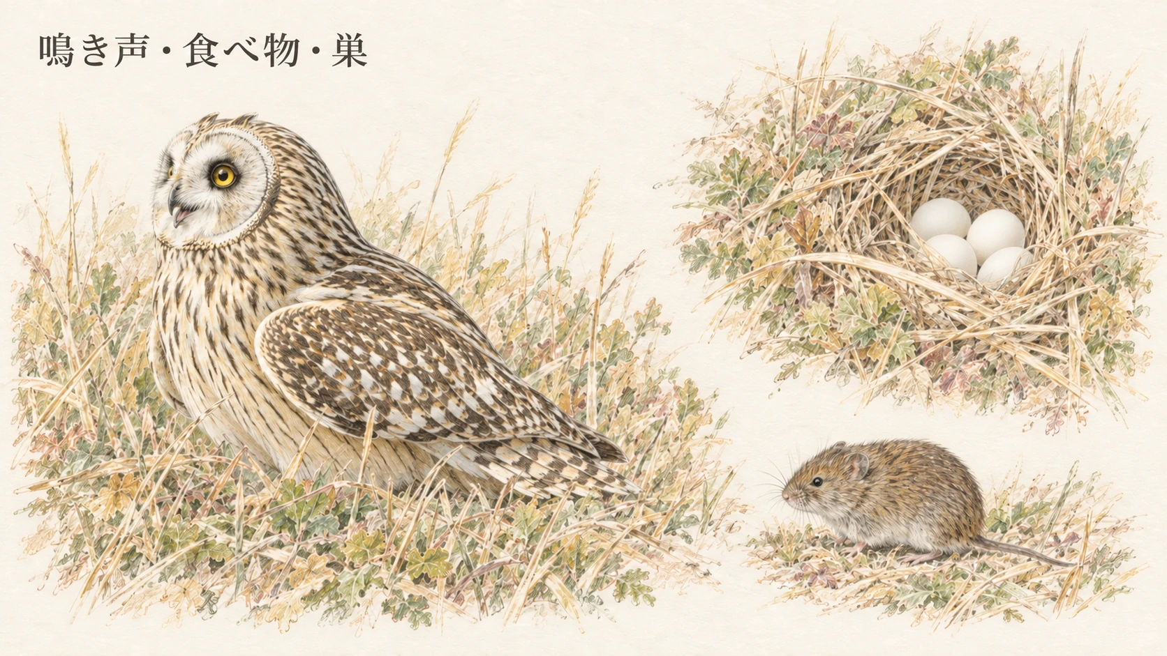 地面に休むコミミズク、ネズミ、草で囲まれた浅い巣を描いた生態イラスト