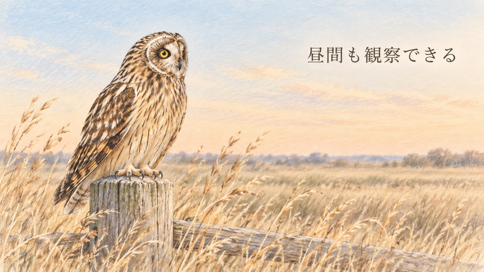 夕方の柔らかな光の中で低い杭に止まって周囲を見るコミミズクのイラスト