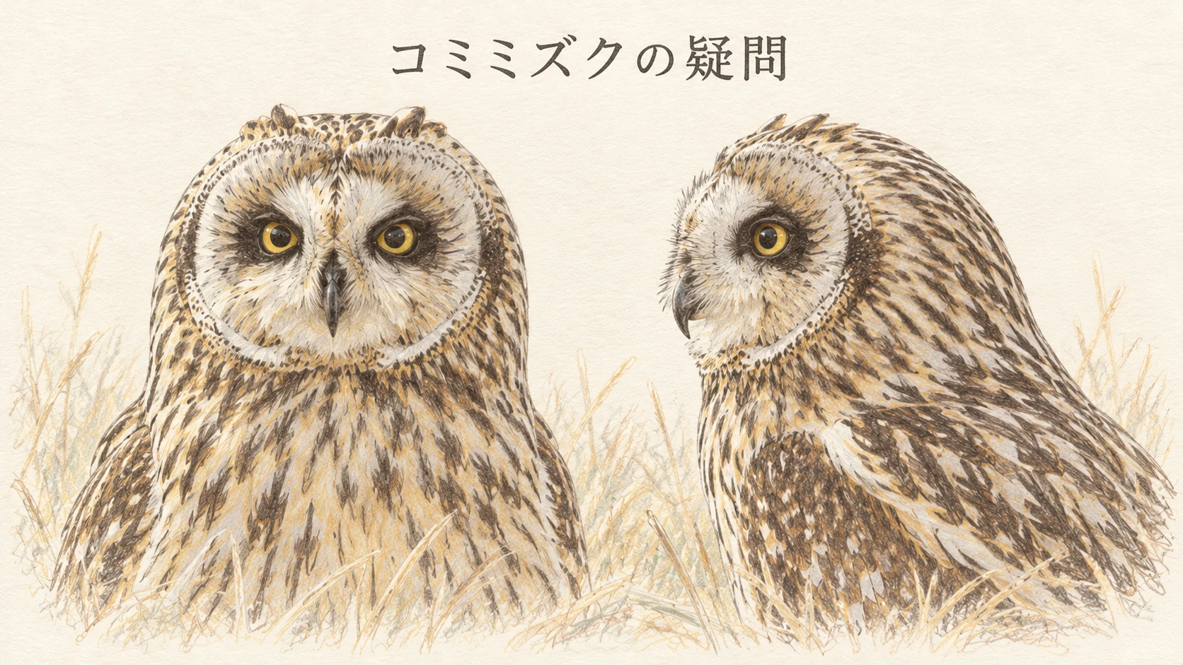 コミミズクの正面顔と横顔を並べた色鉛筆イラスト