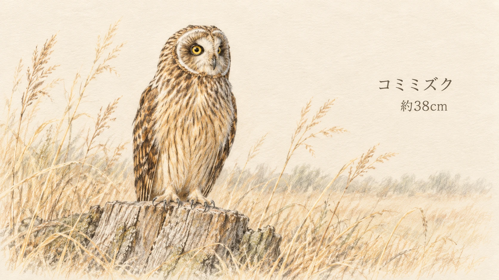 全長約38cmのコミミズクが低い切り株に止まる姿のイラスト