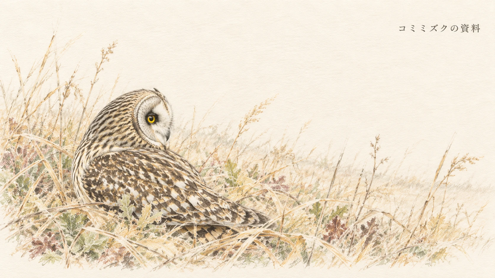 参考資料欄に添えた、草陰で休むコミミズクの色鉛筆イラスト