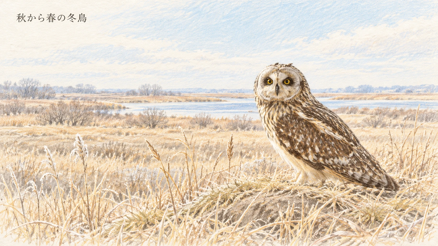 薄く霜の降りた河川敷の草地で越冬するコミミズクのイラスト