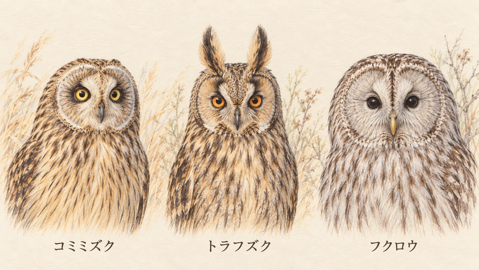 コミミズク、トラフズク、フクロウの羽角と目の色を比較するイラスト