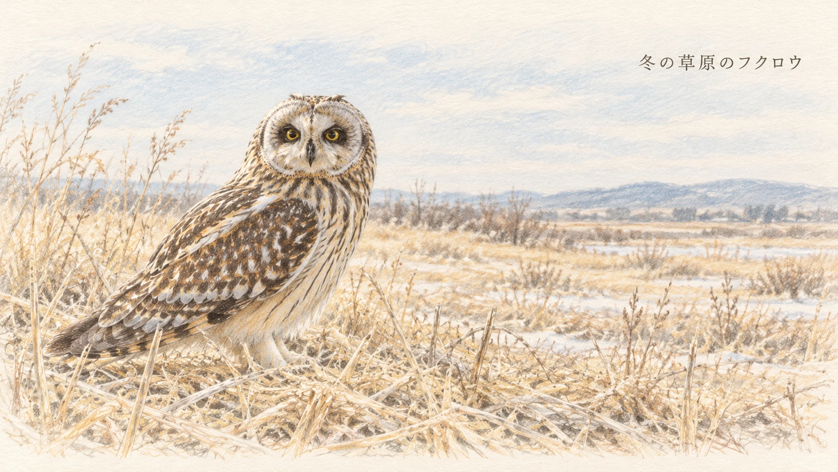 枯れ草の地面に立つコミミズクと冬の草原を描いたイラスト