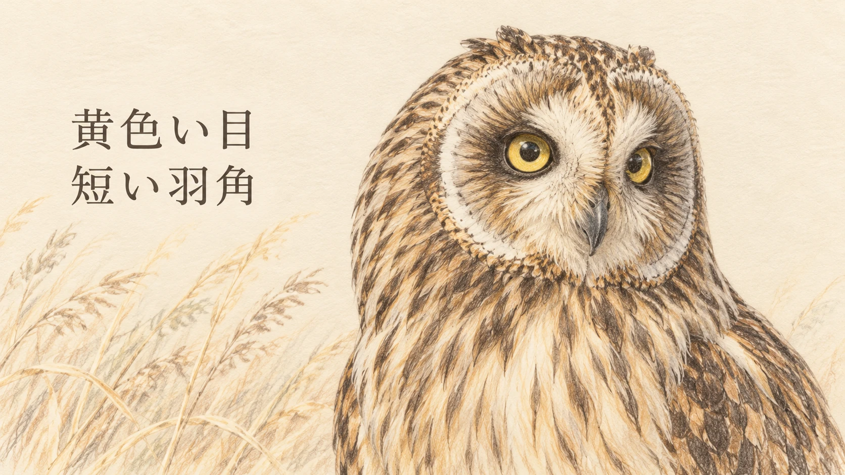 コミミズクの黄色い目と短い羽角、褐色の羽模様が分かる顔の拡大イラスト