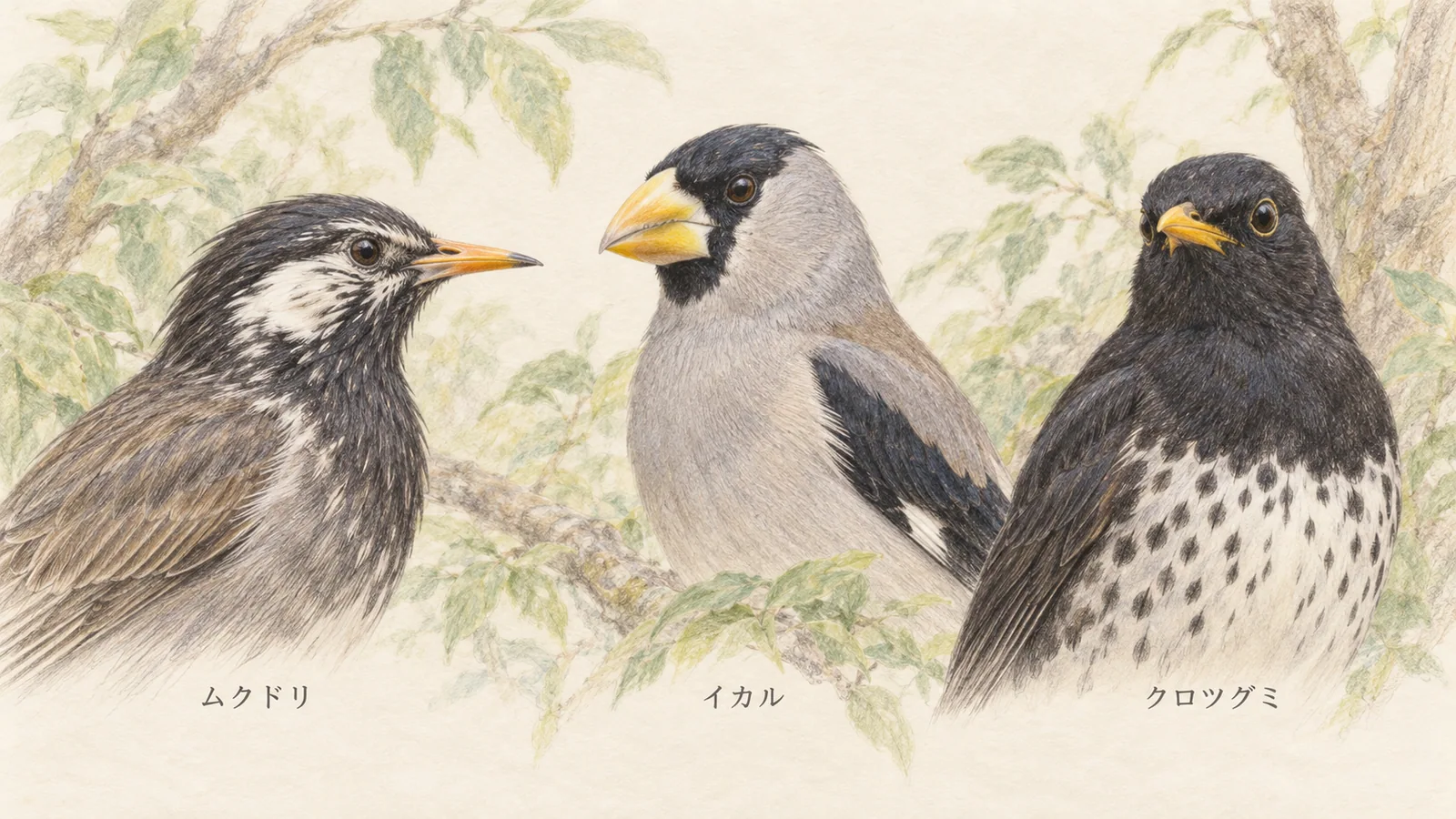 ムクドリの白い頬、イカルの黒い頭、クロツグミの白い腹を比較したイラスト
