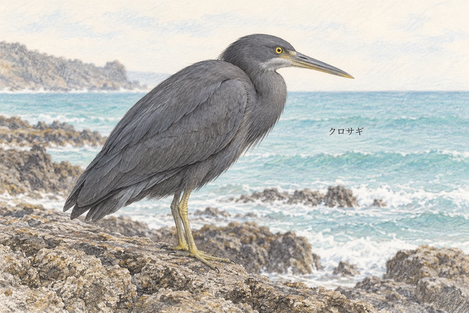 岩場に立つ黒色型のクロサギと太めのくちばし