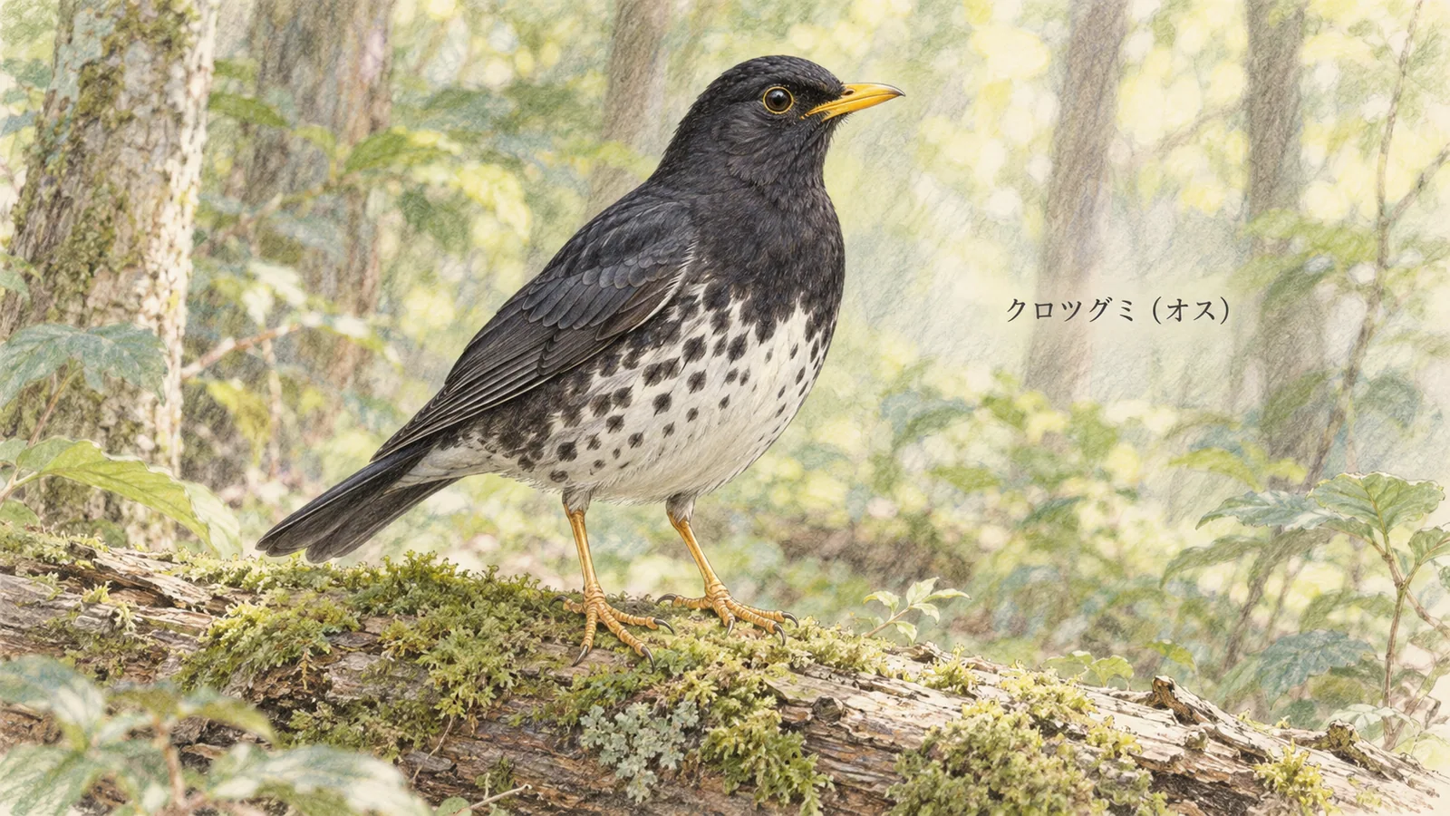 黄色いくちばしと、白い腹に黒い斑点があるクロツグミのオス