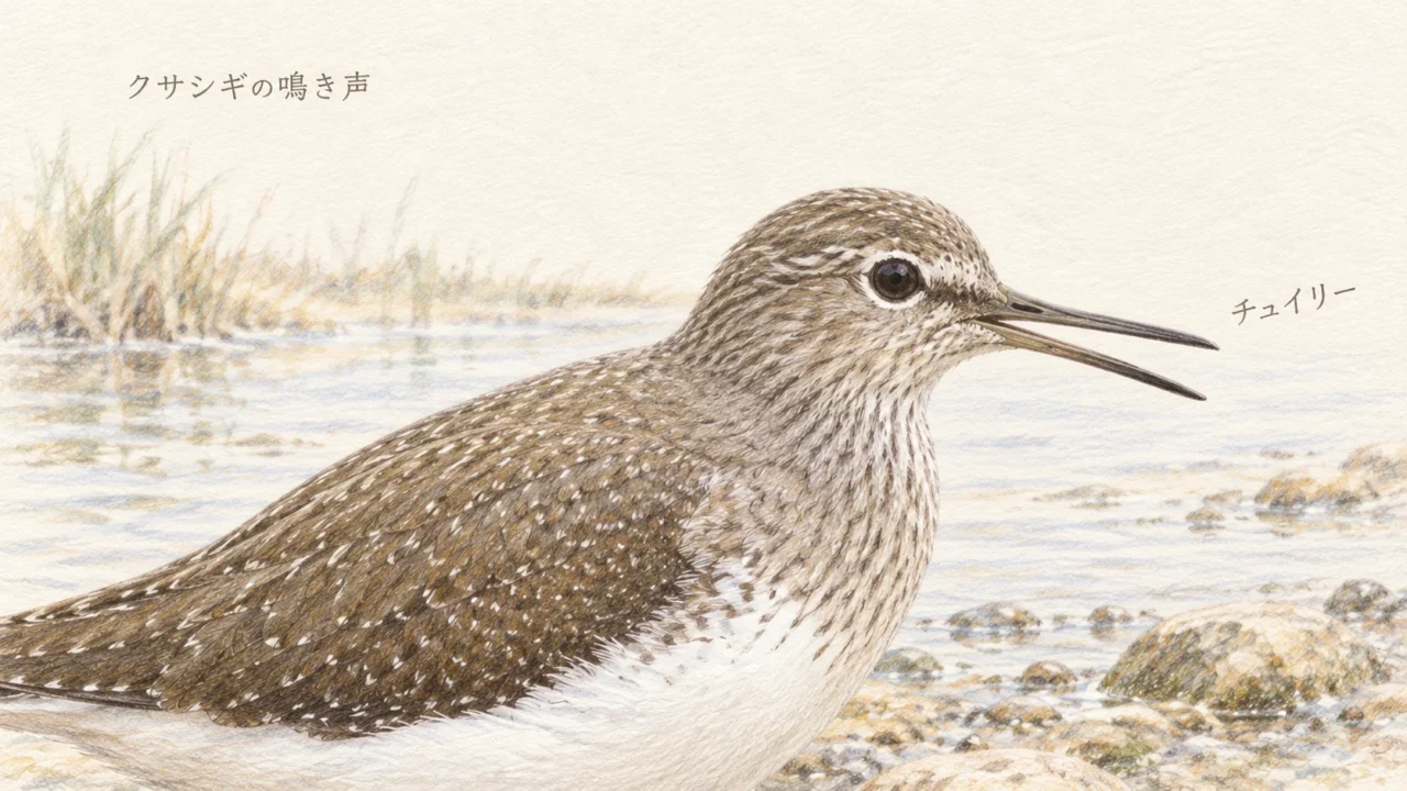 くちばしを開けて鳴くクサシギの顔と胸を描いたイラスト