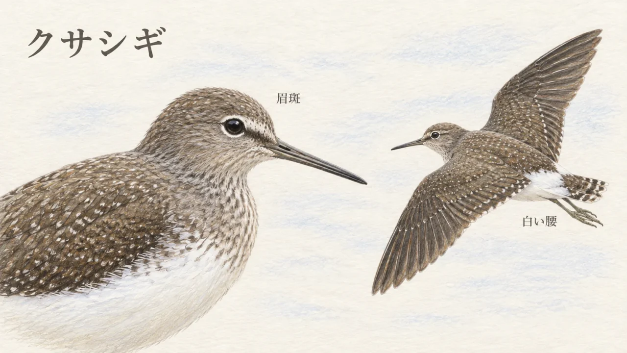 クサシギの短い眉斑と、飛翔時に目立つ白い腰を示すイラスト
