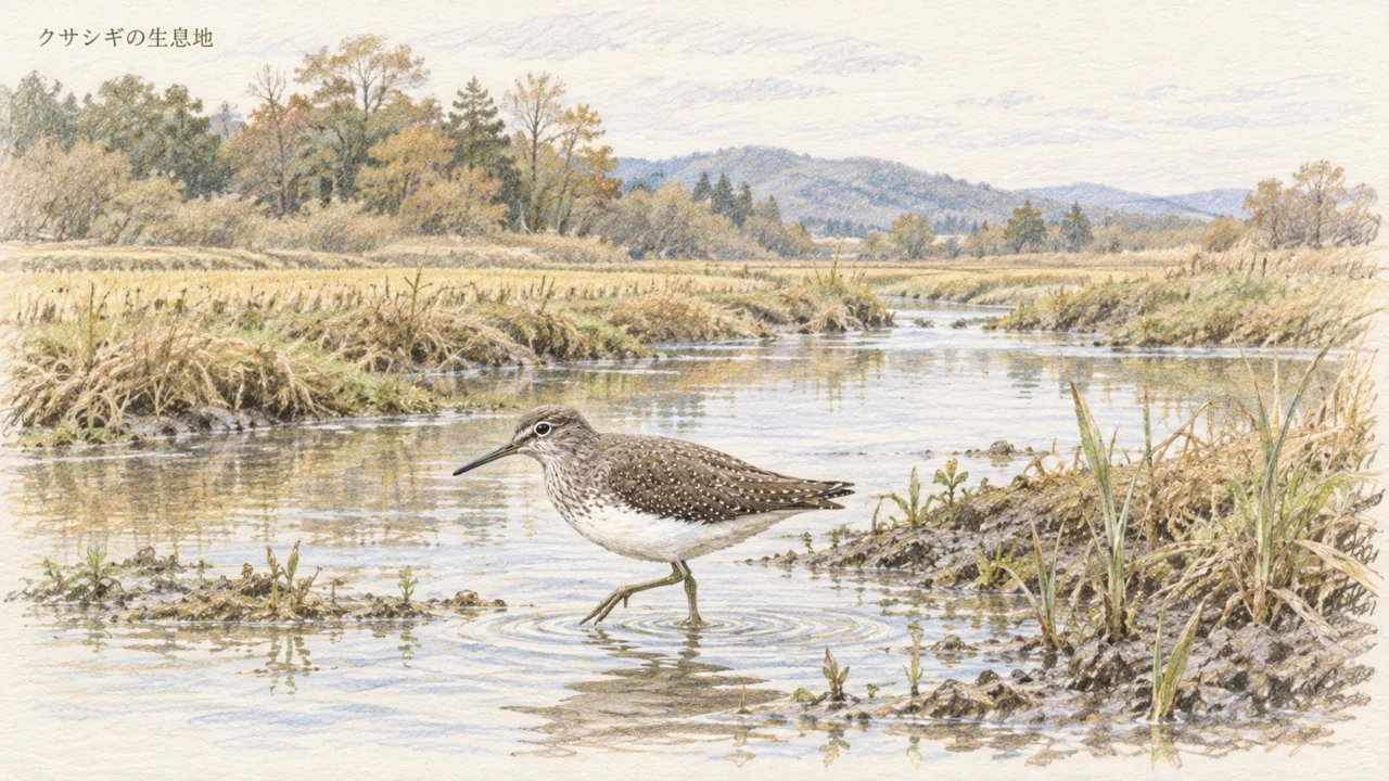 秋の水田に沿う浅い水路を歩くクサシギの生息環境を描いたイラスト