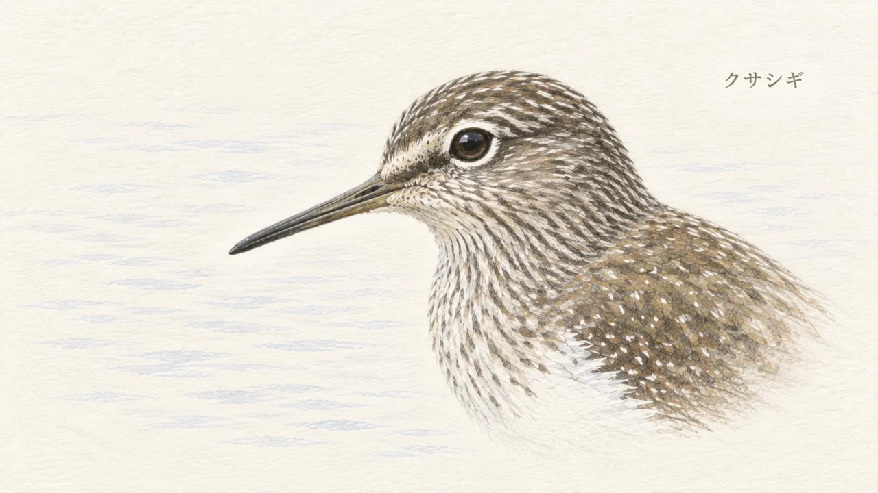 クサシギの細いくちばしと白いアイリングを描いた顔の拡大イラスト