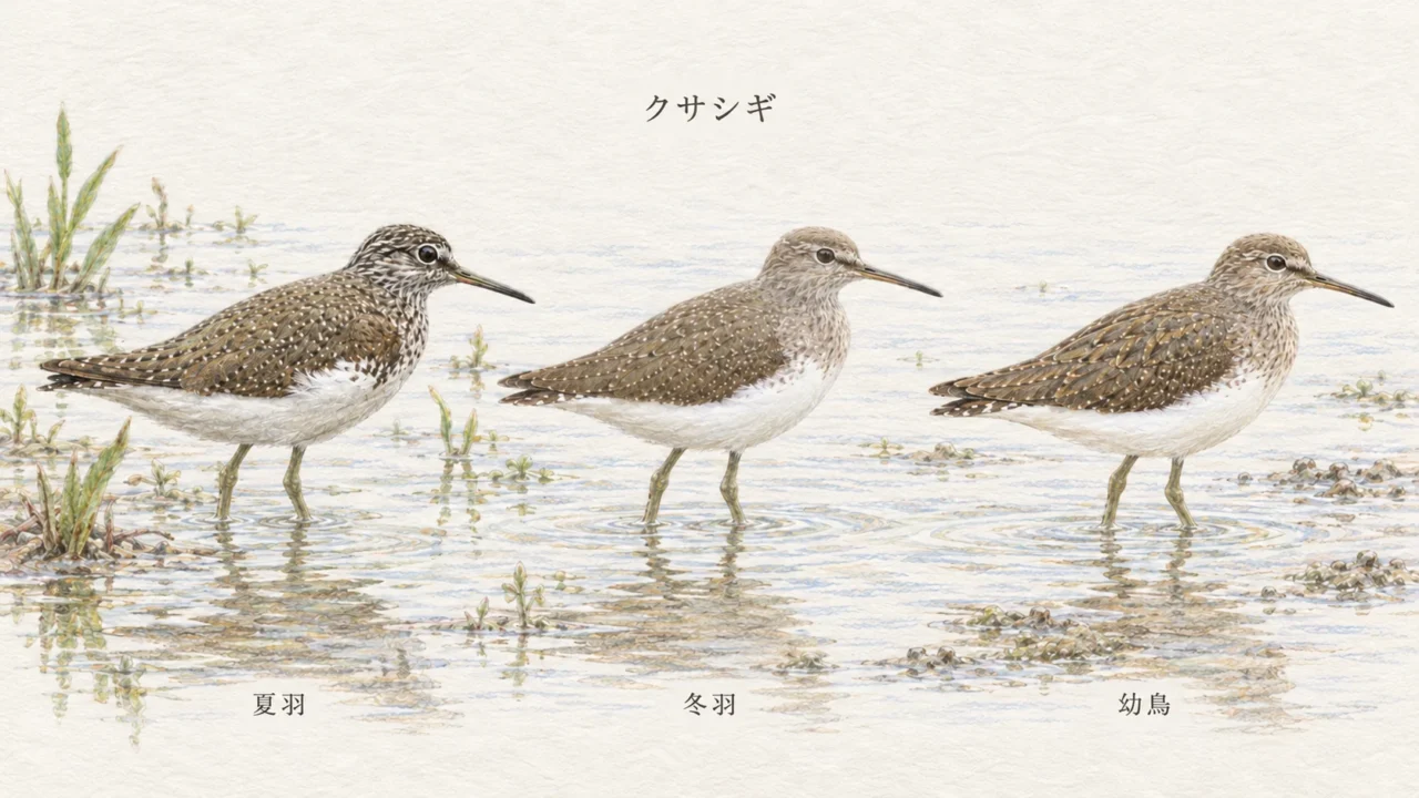 クサシギの夏羽、冬羽、幼鳥を並べて胸の斑や背中の模様を比較したイラスト