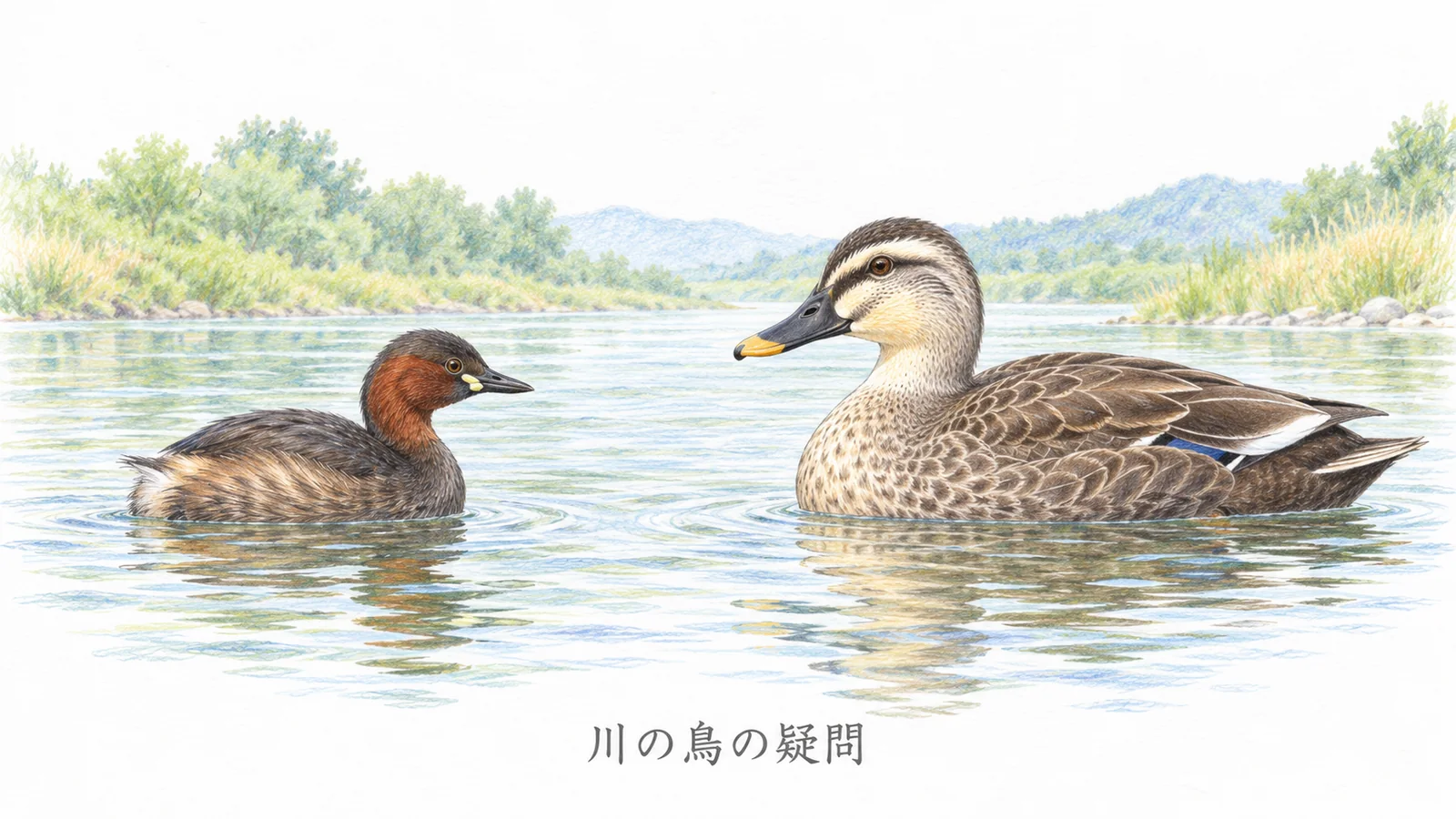 小さく丸いカイツブリと、幅広いくちばしを持つカルガモ