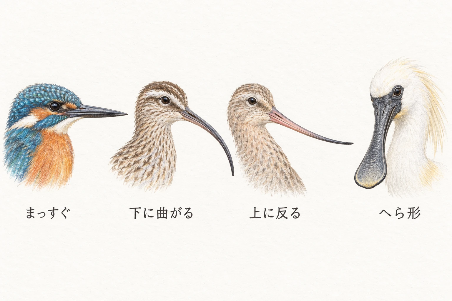 まっすぐ・下向き・上向き・へら形のくちばしを比べたイラスト