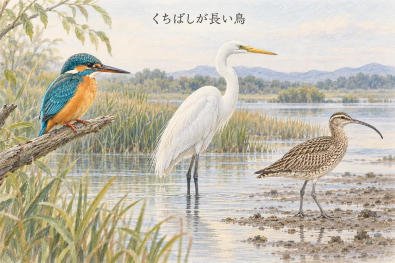 カワセミ・ダイサギ・チュウシャクシギのくちばしを比較した色鉛筆画