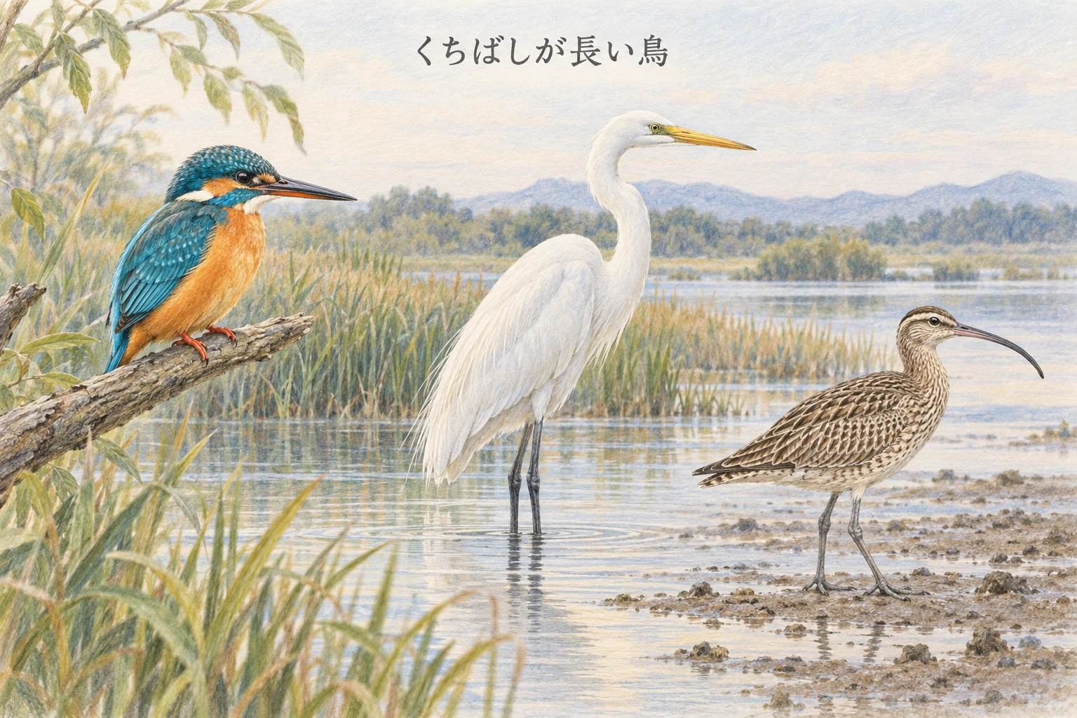 カワセミ・ダイサギ・チュウシャクシギのくちばしを比較した色鉛筆画