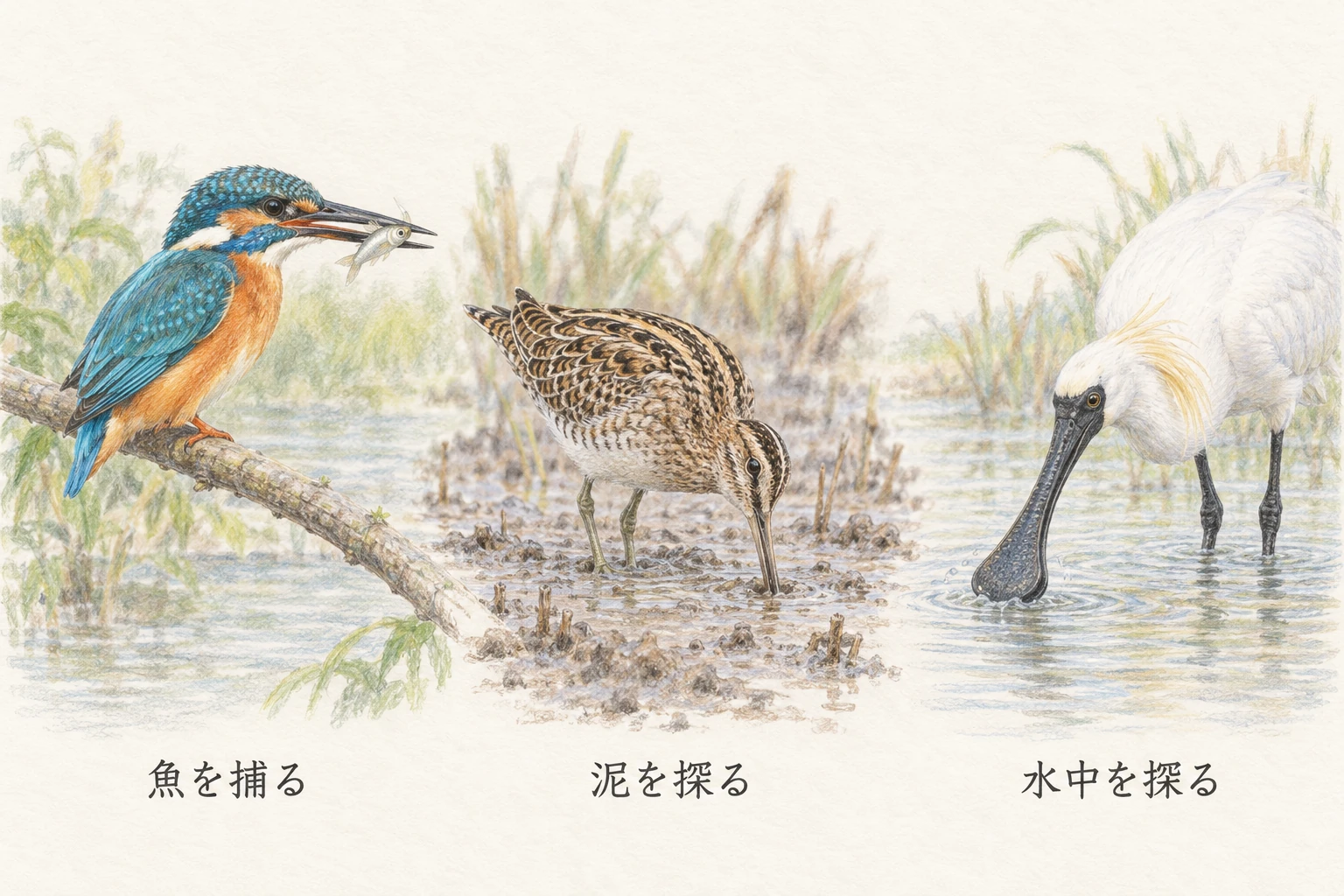 魚を捕る・泥を探る・水中を探る、長いくちばしの使い方