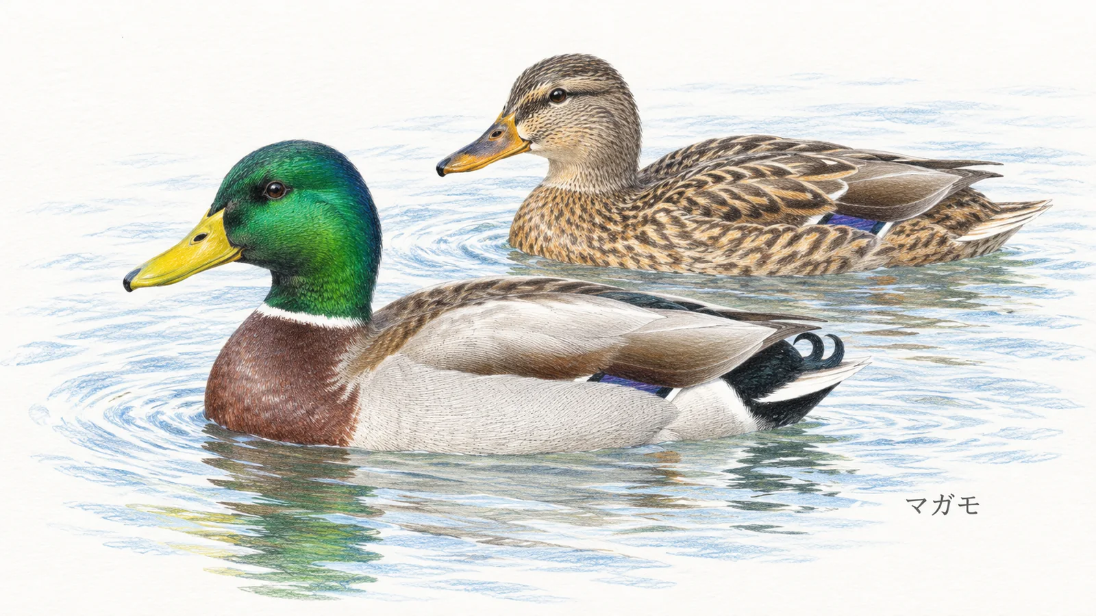 緑色の頭をしたマガモのオスと、褐色のまだら模様のメス