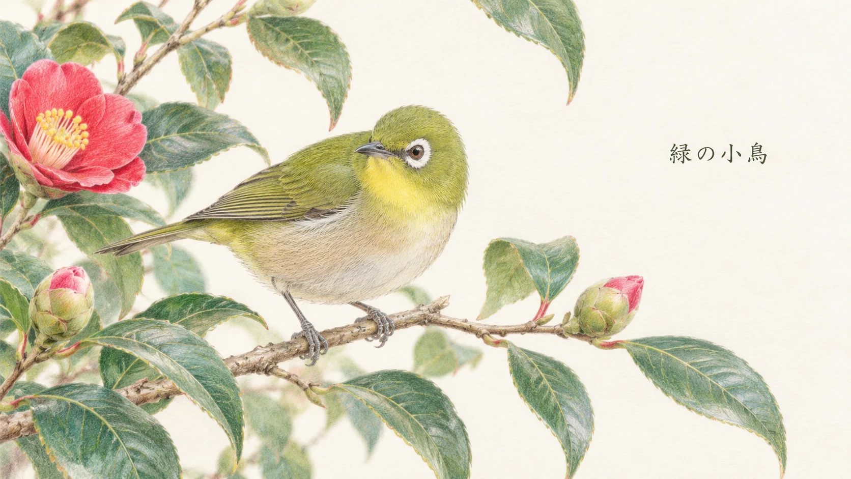 植木の葉の間から白い目の輪が見えるメジロの色鉛筆イラスト