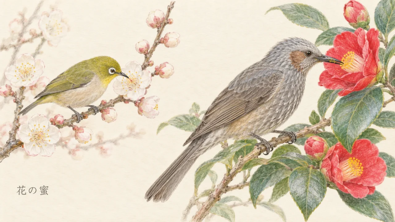 ウメの蜜をなめるメジロとツバキの花にくちばしを入れるヒヨドリを比べた色鉛筆画