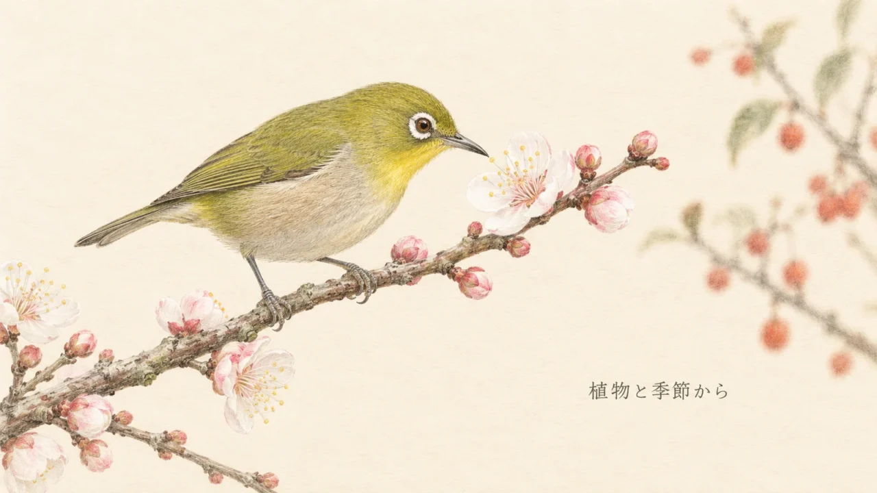 淡いウメの花へくちばしを向けるメジロと、背景に見える実のなる枝の色鉛筆画