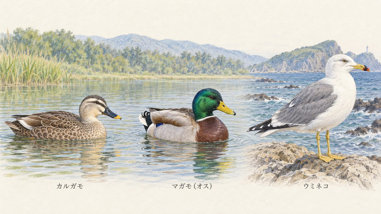 カルガモ、マガモのオス、ウミネコの黄色いくちばしを描き分けた水辺の図