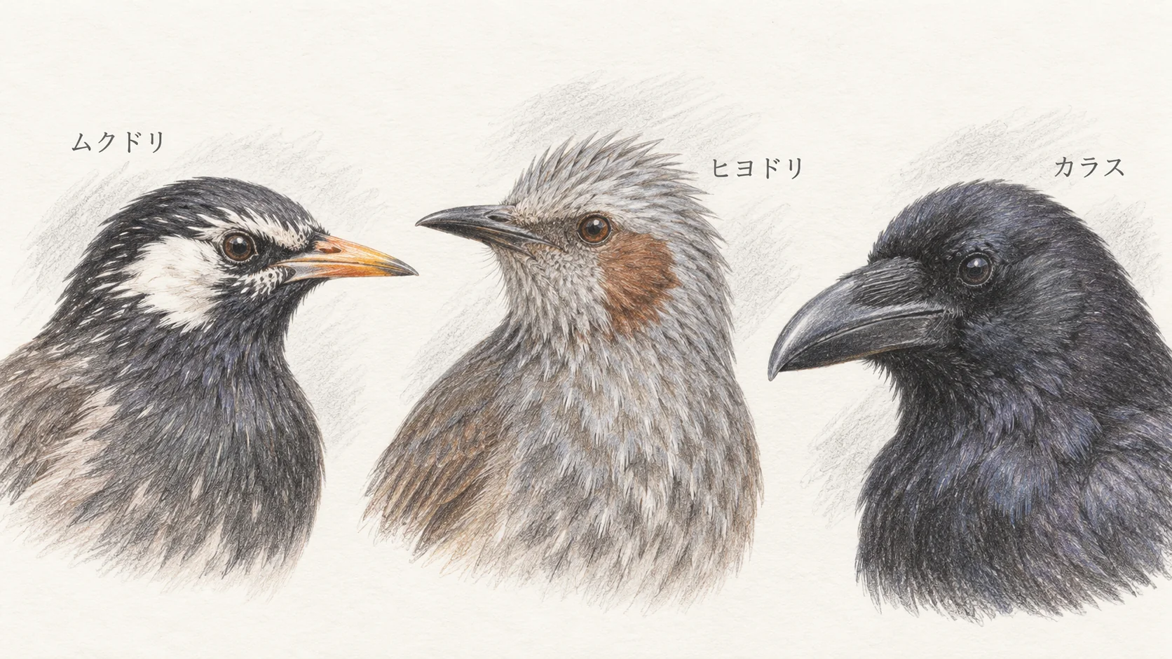 ムクドリ、ヒヨドリ、カラスの顔とくちばしを比べる色鉛筆イラスト